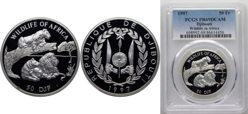 Djibouti Republic 1997 50 Francs (Lions) Silver (.925) (5000) 20g PCGS PR 69 KM ...