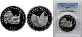 Eritrea State 1994 PM 10 Dollars (Black rhinoceros) Silver (.925) Pobjoy Mint (30000) 28.28g PCGS PR 69 KM 19 Schön 23