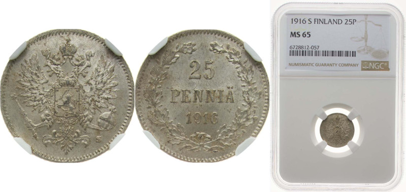 Finland Grand duchy 1916 S 25 Penniä - Nikolai II (with crown) Silver (.750) Hel...