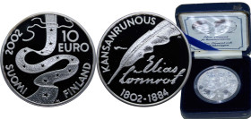 Finland Republic 2002 10 Euro (Elias Lönnrot) Silver (.925) Vantaa Mint (40000) 27g PF KM 108 Schön 107