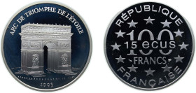 France Fifth Republic 1993 100 Francs / 15 ECUs (Arc de Triomphe) Silver (.900) Paris Mint (20000) 22.2g PF KM 1031