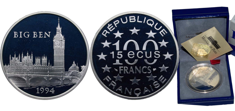 France Fifth Republic 1994 100 Francs / 15 ECUs (Big Ben) Silver (.900) Paris Mi...