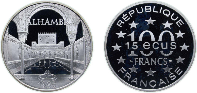 France Fifth Republic 1995 100 francs / 15 ecus L'Alhambra Silver (.900) Paris M...