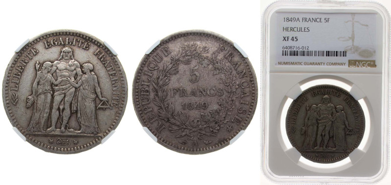 France Second Republic 1849 A 5 Francs (Hercule, 2nd republic) Silver (.900) Par...