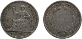 French Indochina French colony 1900 A 1 Piastre Silver (.900) (Copper .100) Paris Mint (13319000) 27g VF KM 5a.1