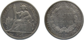 French Indochina French colony 1907 A 1 Piastre Silver (.900) (Copper .100) Paris Mint (14062000) 27g VF KM 5a.1