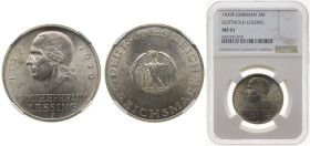 Germany Weimar Republic 1929 F 3 Reichsmark (Lessing) Silver (.500) Stuttgart Mint (40120) 15g NGC MS 61 KM 60 J 335 Schön DM 59
