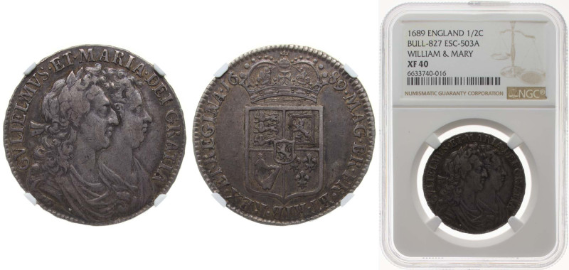 Great Britain Kingdom of England 1689 ½ Crown - William and Mary (1st busts; 2nd...