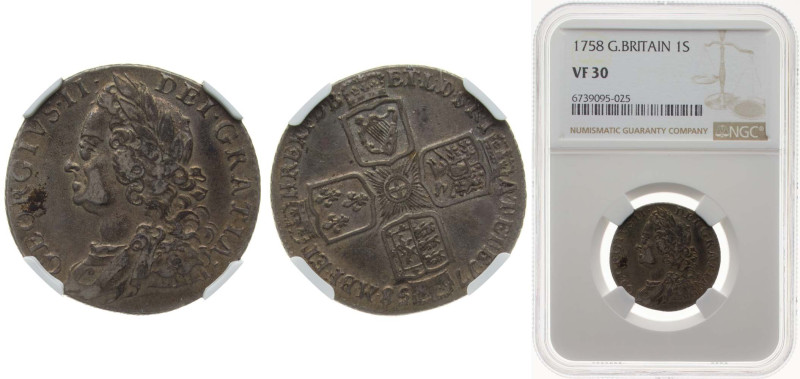 Great Britain United Kingdom 1758 1 Shilling - George II (Older bust) Silver (.9...