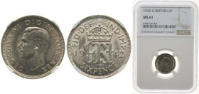 Great Britain United Kingdom 1942 6 Pence - George VI (1st coinage) Silver (.500) (44942700) 2.83g NGC MS 61 KM 852 Sp 4084