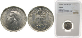 Great Britain United Kingdom 1945 6 Pence - George VI (1st coinage) Silver (.500) (39939200) 2.83g NGC MS 63 KM 852 Sp 4084
