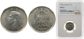 Great Britain United Kingdom 1946 6 Pence - George VI (1st coinage) Silver (.500) (43466400) 2.83g NGC MS 63 KM 852 Sp 4084