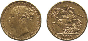 Great Britain United Kingdom 1876 1 Sovereign - Victoria (1st portrait; St George) Gold (.9167) (3319000) 7.99g AU KM 752 Sp 3856