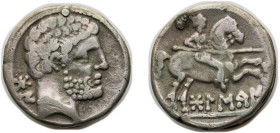 Iberia (ancient) City of Osca Suessetani people 140BC-100BC AR Denarius Silver Osca Mint 4.01g VF Repaired hole ACIP 1418 CNH 211 GCV 28 Heiss 1