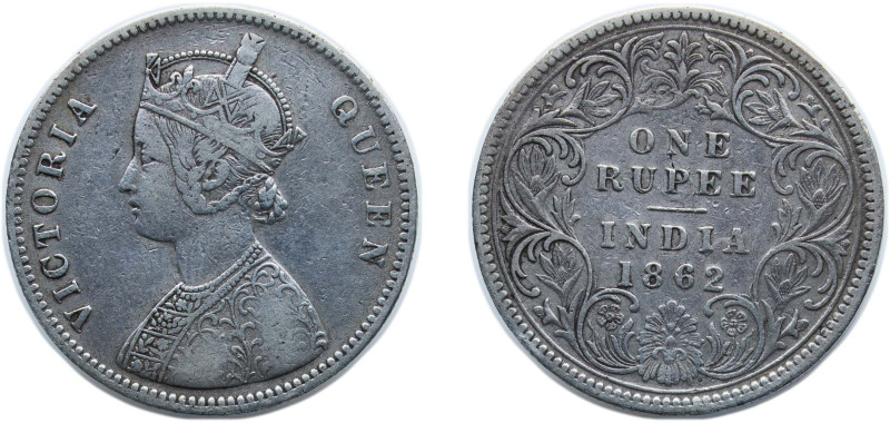 India India - British Raj 1862 1 Rupee - Victoria Silver (.917) 11.66g VF KM 473