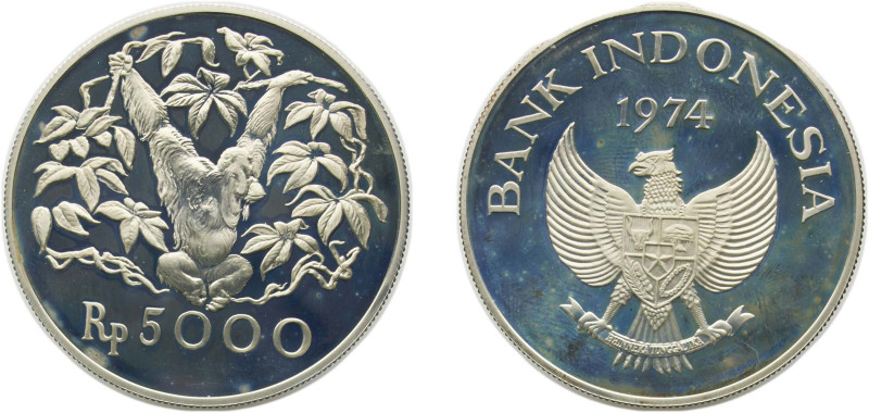 Indonesia Republic 1974 5000 Rupiah (Orangutan) Silver (.500) Royal Mint (43000)...