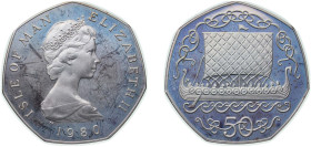 Isle of Man British dependency 1980 PM 50 Pence - Elizabeth II (Viking Longship-Silver version) Silver (.500) Pobjoy Mint (10000) 15.5g PF KM 70a Schö...