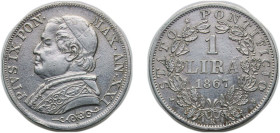 Italy Papal States Italian states 1867 R 1 Lira - Pius IX (Large bust; PON MAX) Silver (.835) Rome Mint (5339066) 5g XF KM 1378 MIR 3168/6-9 Berman 33...