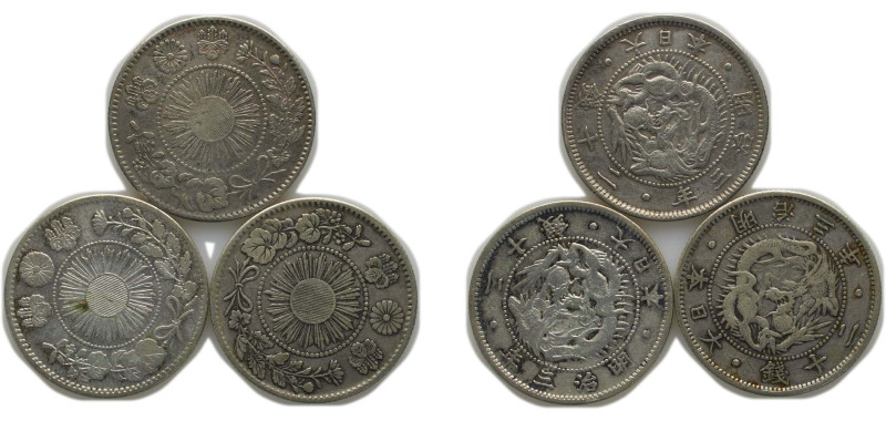 Japan Empire M3 (1870) 20 Sen - Meiji (3 Lots) Silver (.800) VF Y 3 JNDA 01-20