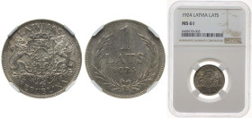 Latvia Republic 1924 1 Lats Silver (.835) Royal Mint (Tower Hill) (10000000) 5g NGC MS 61 KM 7 Schön 7