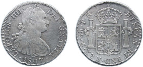Mexico Spanish colony 1807 Mo TH 8 Reales - Carlos IV Silver (.903) Mexico City Mint 27g XF Scratches KM 109
