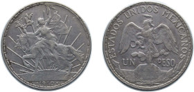 Mexico United Mexican States 1910 1 Peso "Caballito" (Grito De Dolores) Silver (.903) Mexico City Mint (3814000) 27.07g XF KM 453
