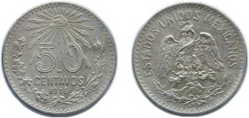 Mexico United Mexican States 1916 M 50 Centavos (large size) Silver (.800) (Copper .200) Mexico City Mint (480000) 12.5g AU KM 445