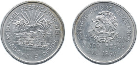 Mexico United Mexican States 1950 Mo 5 Pesos (Southeastern Railroad) Silver (.720) (Copper .280) Mexico City Mint (200000) 27.78g AU KM 466