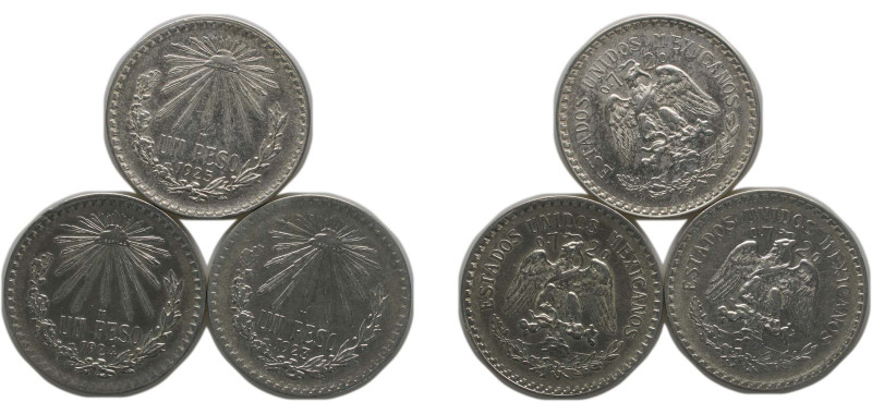 Mexico United Mexican States 1923-1925 M 1 Peso (3 Lots) Silver (.720) Mexico Ci...