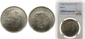 Netherlands Antilles Curaçao Dutch colony 1944 D 2½ Gulden - Wilhelmina Silver (.720) (Copper .280) Denver Mint (200000) 25g NGC MS 62 KM 46 Scholt I ...