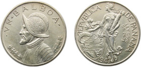 Panama Republic 1947 1 Balboa Silver (.900) (Copper .100) Philadelphia Mint (500000) 26.73g AU KM 13