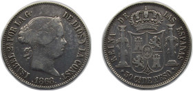Philippines Spanish colony 1868 50 Centavos - Isabella II Silver (.900) Manila Mint (423000) 12.98g VF KM 147