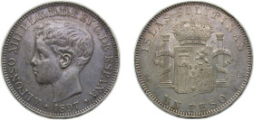 Philippines Spanish colony 1897 1 Peso - Alfonso XIII Silver (.900) Manila Mint (6000000) 25g AU KM 154