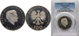 Poland People's Republic 1974 MW 100 Złotych (Maria Skłodowska-Curie small; Trial Strike Ag) Proba Silver (.625) Warsaw Mint (10131) 16.5g PCGS SP 66 ...