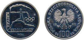 Poland People's Republic 1980 MW 100 Złotych (XXII Olympic Games; Trial Strike) Próba Silver (.625) Warsaw Mint (4100) 16.5g PF KM Pr395 ParM P394a Fi...