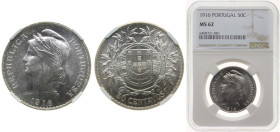 Portugal First Republic 1916 50 Centavos Silver (.835) Lisbon Mint (5080000) 12.5g NGC MS 62 KM 561 Gomes R 18