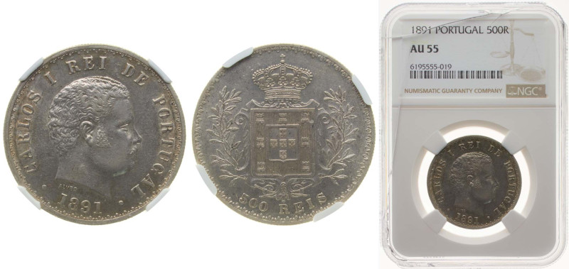 Portugal Kingdom 1891 500 Réis - Carlos I (Damage box) Silver (.917) Lisbon Mint...