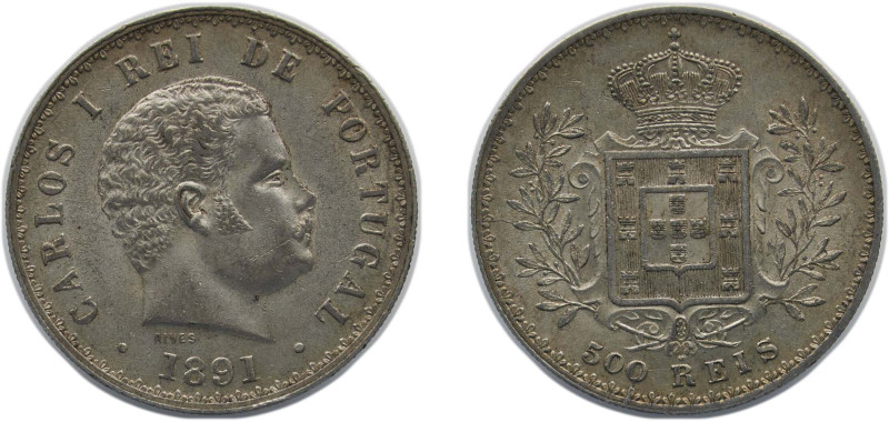 Portugal Kingdom 1891 500 Réis - Carlos I Silver (.917) Lisbon Mint (12476000) 1...