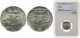 Portugal Second Republic 1951 2.50 Escudos Silver (.650) Lisbon Mint (4000000) 3.5g NGC MS 66 KM 580 Gomes R 30