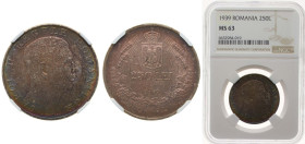 Romania Kingdom 1939 250 Lei - Carol II Silver (.835) Bucharest Mint (10000000) 12g NGC MS 63 KM 57