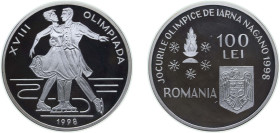 Romania Republic 1998 100 Lei (1998 Winter Olympics) Silver (.925) (13500) 27g PF KM 141