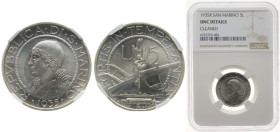 San Marino Republic 1935 R 5 Lire Silver (.835) Rome Mint (200000) 5g NGC UNC Cleaned KM 9