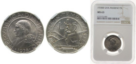 San Marino Republic 1938 R 5 Lire Silver (.835) Rome Mint (120000) 5g NGC MS 63 KM 9