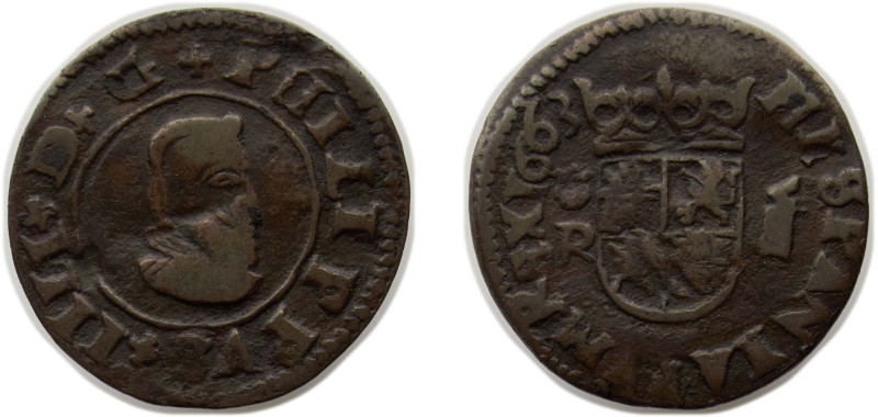 Spain Kingdom 1663 R 8 Maravedis - Felipe IV (Coruna) Billon Coruna Mint 2.3g VF...