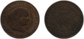 Spain Kingdom 1867 5 Centimos de Escudo - Isabel II Bronze Barcelona Mint 12.5g AU KM 635.1