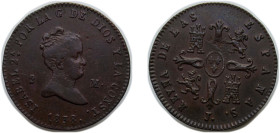 Spain Kingdom 1838 J 2 Maravedis - Isabel II Copper Jubia Mint 2.3g XF KM 532