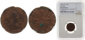 Spain Kingdom 1840 2 Maravedis - Isabel II Copper Segovia Mint 2.5g NGC UNC KM 532.4