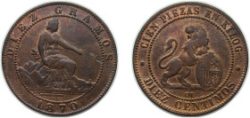 Spain Kingdom 1870 OM 10 Centimos - Provisional Government Bronze (95% copper, 4% tin, 1% zinc) Barcelona Mint (170088000) 9.8g XF KM 663