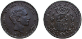 Spain Kingdom 1878 OM 10 Centimos - Alfonso XII Bronze (95% copper, 4% tin, 1% zinc) Barcelona Mint (68740000) 9.9g AU KM 675