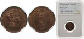 Spain Kingdom 1904 *04 SMV 2 Centimos - Alfonso XIII (4th portrait) Bronze (95% copper, 4% tin, 1% zinc) Madrid Mint (10000000) 2g NGC MS 64 RB KM 722